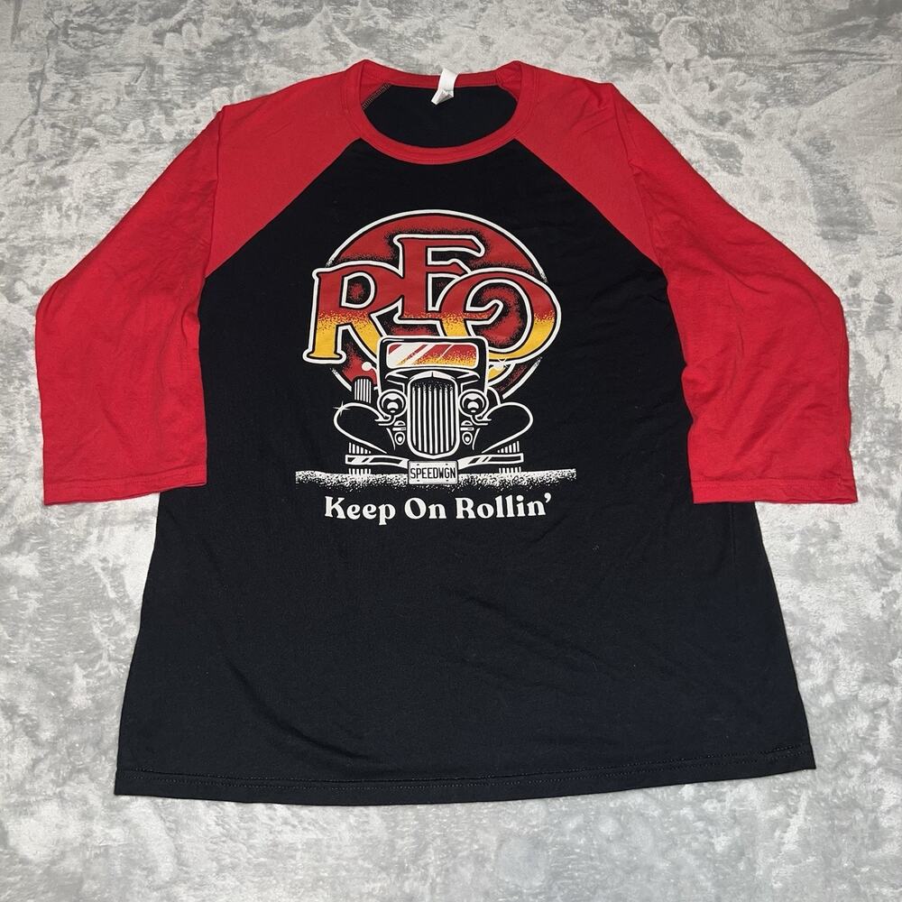 REO Speedwagon Keep On Rollin' Tour 2024 Black Red Raglan 3/4 Sleeve Shirt L